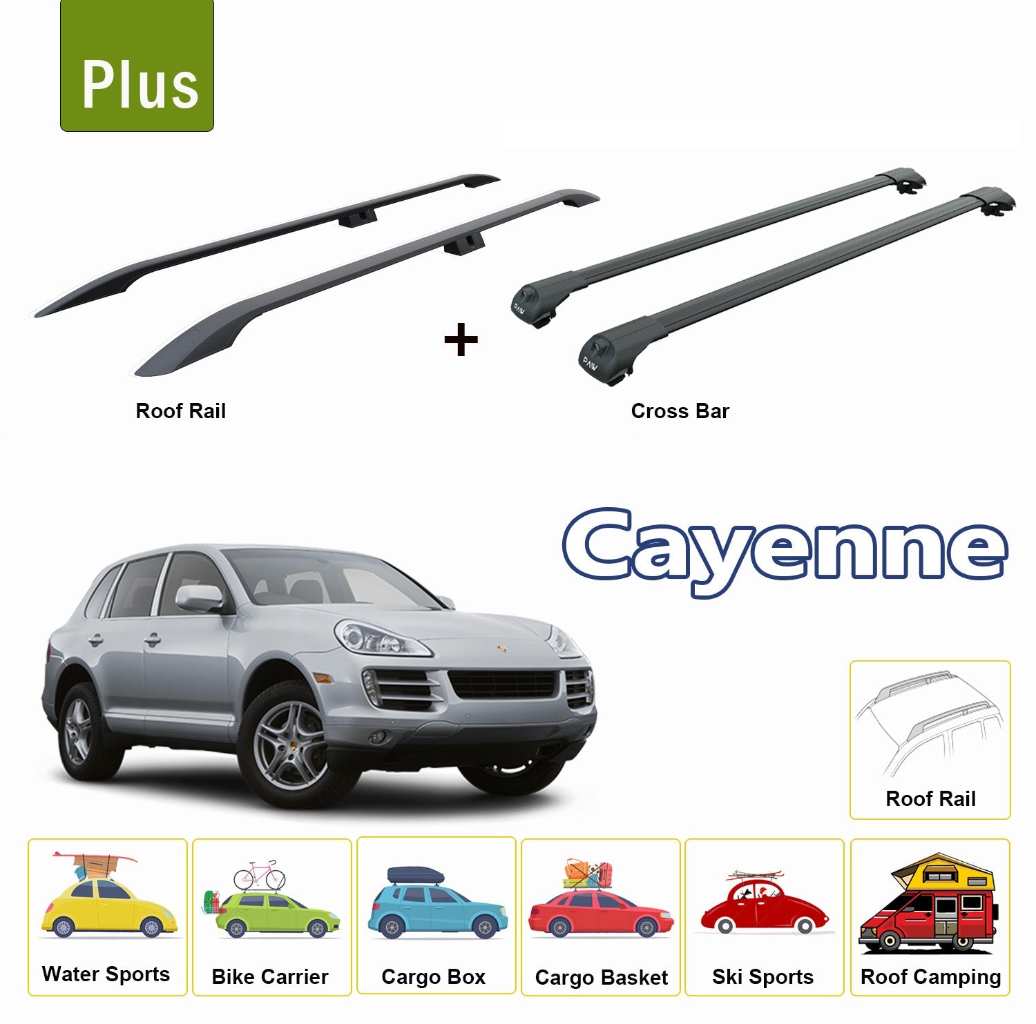 Porsche Cayenne Roof Side Rails Rack & Cross Bars 2003-2010 Black Full Set