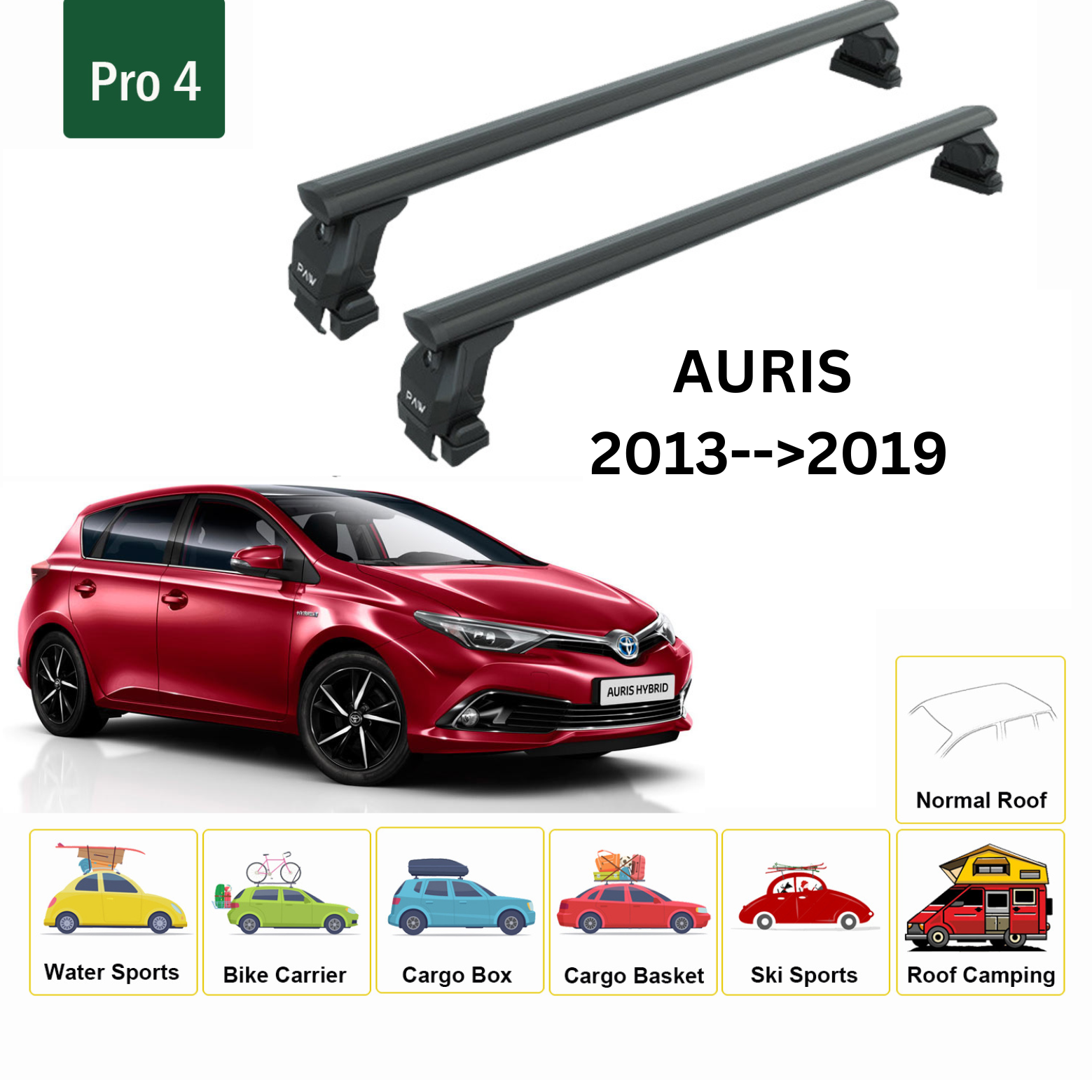 Toyota Auris (W/GLASS ROOF) 2013- Up 2019 Oluksuz Ara Atkısı Tavan Taşıma Sistemleri Pro 4 Siyah-2