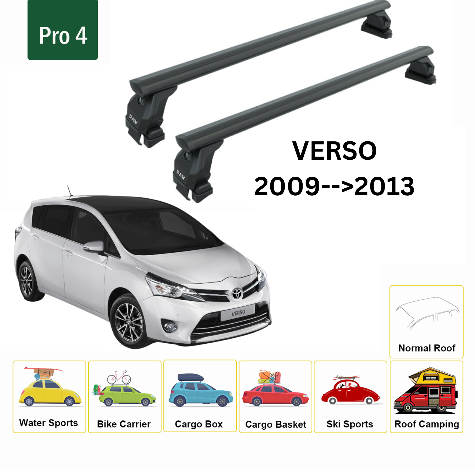 Toyota Verso 2009-->2013 Oluksuz Ara Atkısı Tavan Taşıma Sistemleri Pro 4 Siyah