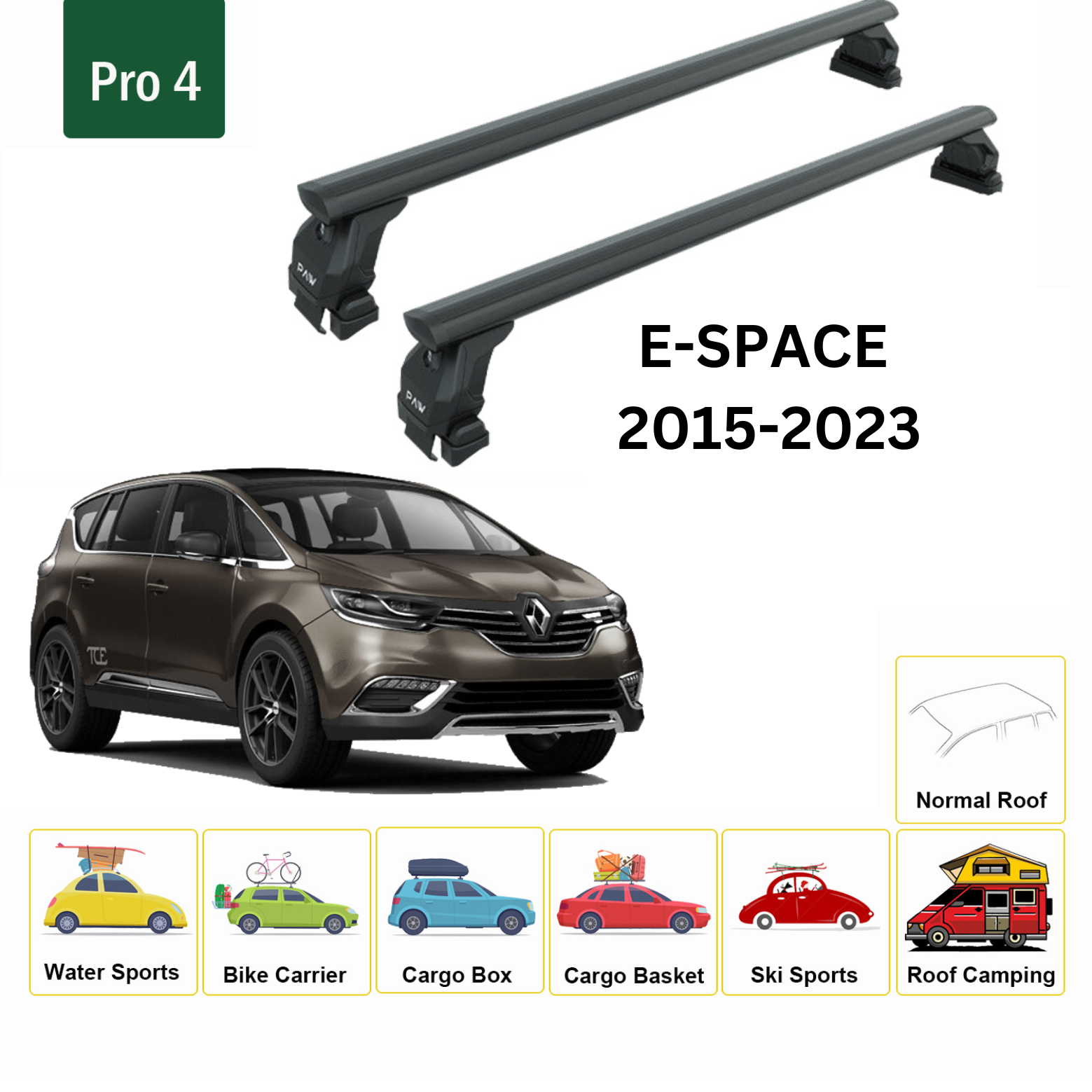 Renault E-Space 2015-2023 Oluksuz Ara Atkısı Tavan Taşıyıcı Taşıyıcı Sistemleri Paw Pro 4 Siyah