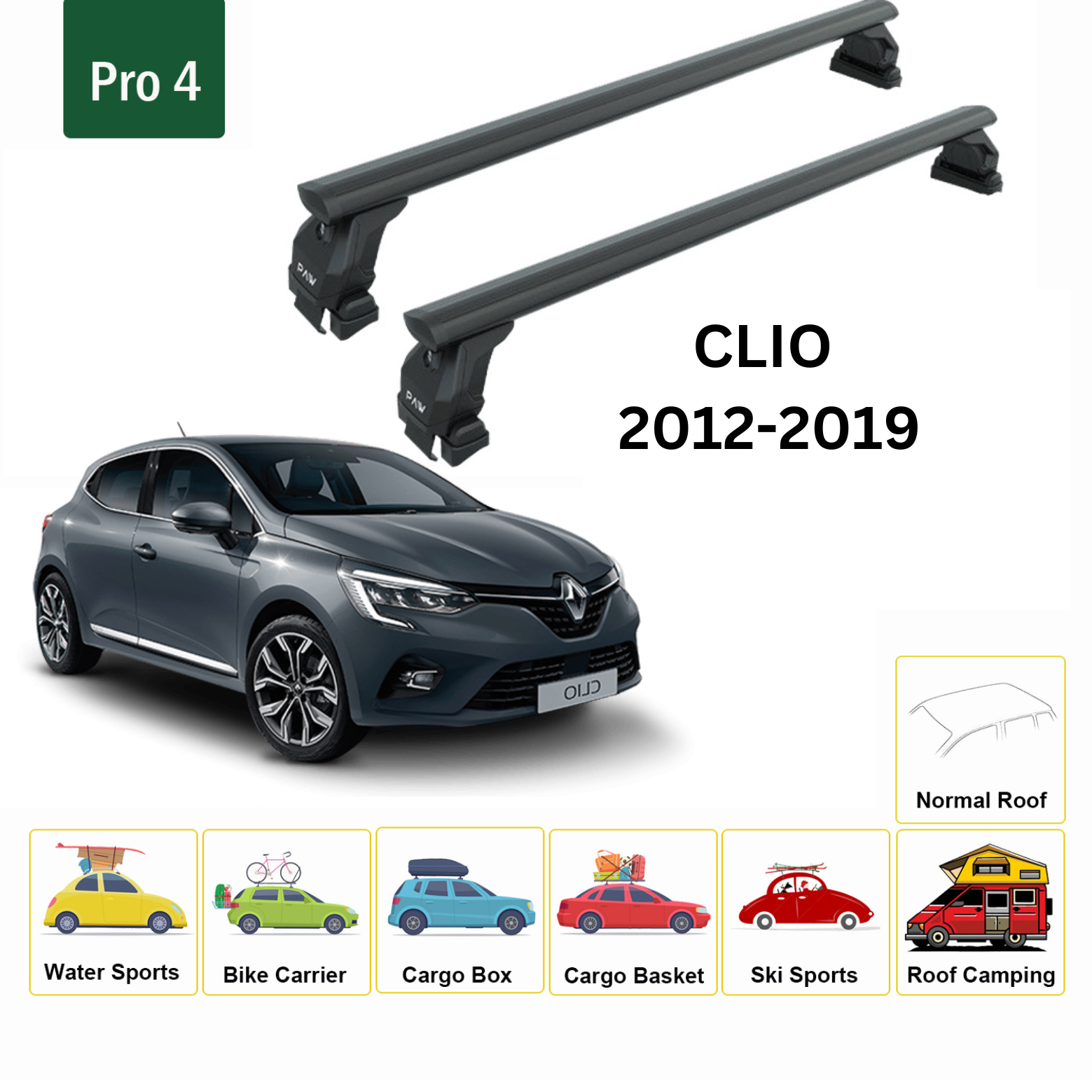 Renault Clio 2012-2019 Oluksuz Ara Atkısı Tavan Taşıyıcı Taşıyıcı Sistemleri Paw Pro 4 Siyah-2
