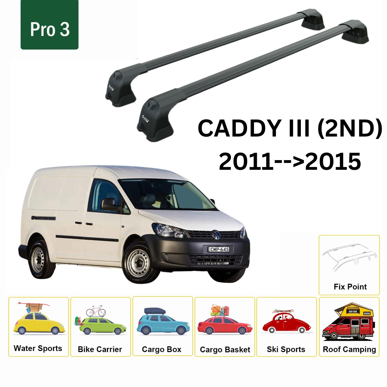 Volkswagen Caddy III (2NDGEN) 2011-2015 Tavan Ara Atkısı Tavan Sistemleri Paw Pro 3 Siyah-2