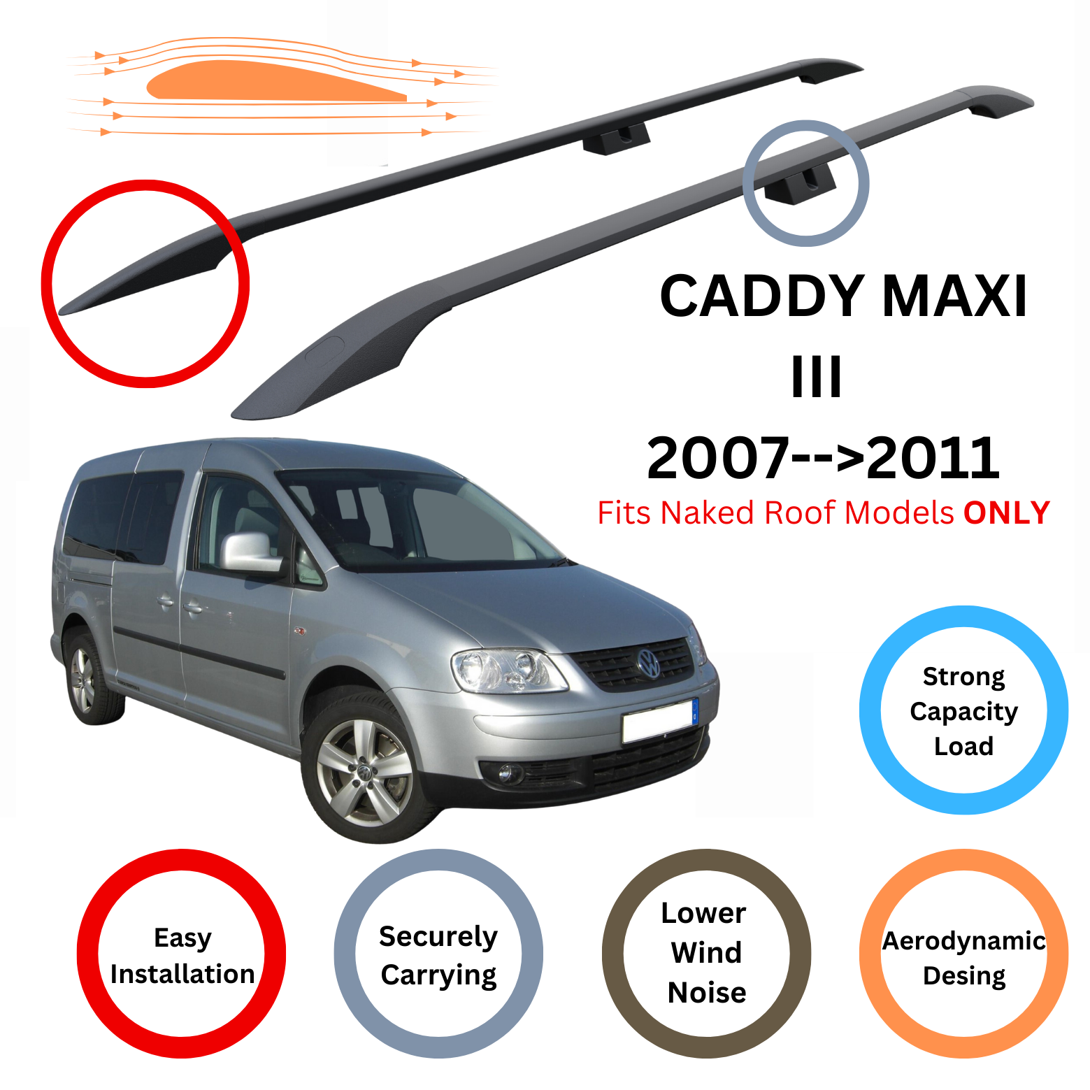 Volkswagen Caddy Maxi III 2007-2011 Aleminyum Tavan Çıtası ve Ara Atkısı Plus Set Siyah
