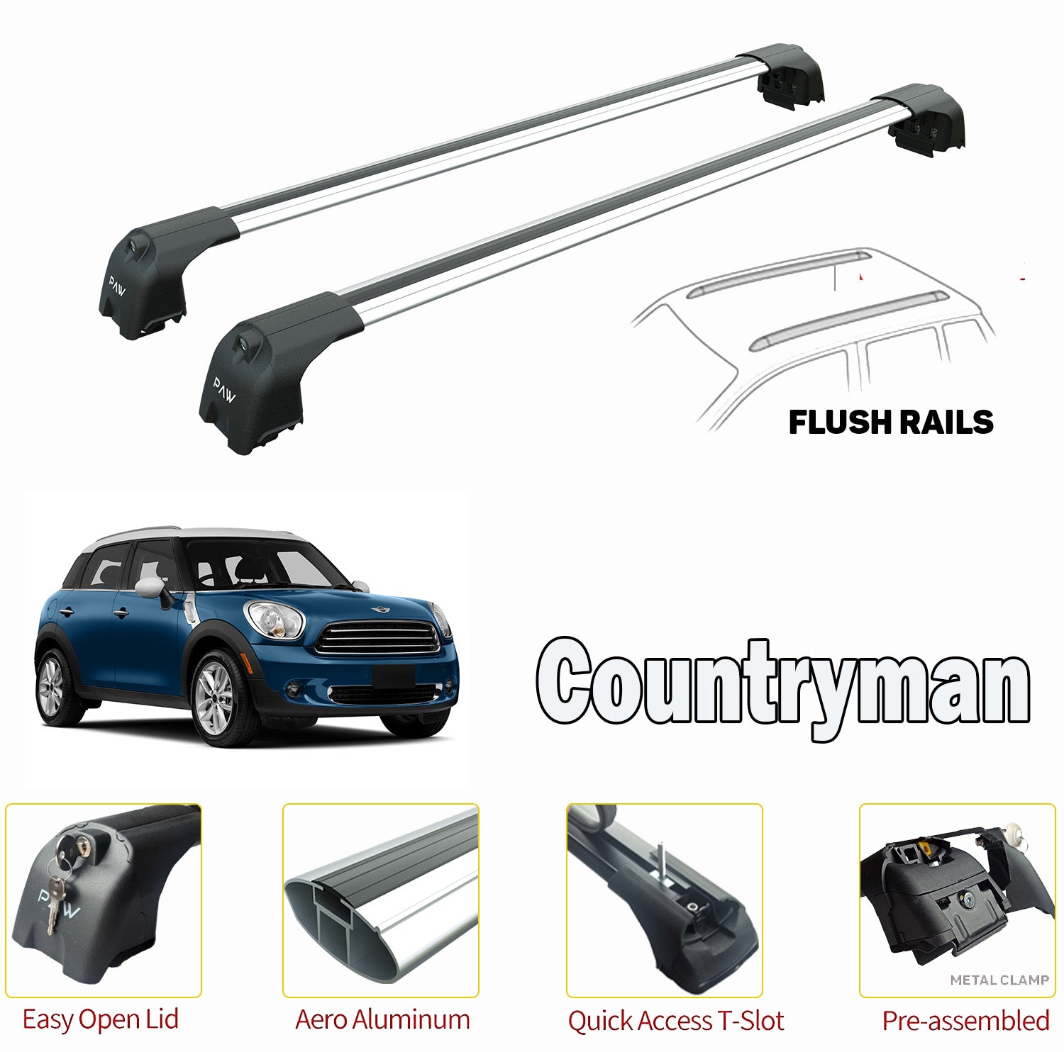 For Mini Countryman R60 2010-2016 Roof Rack System Carrier Cross Bars Aluminum Lockable High Quality of Metal Bracket Silver