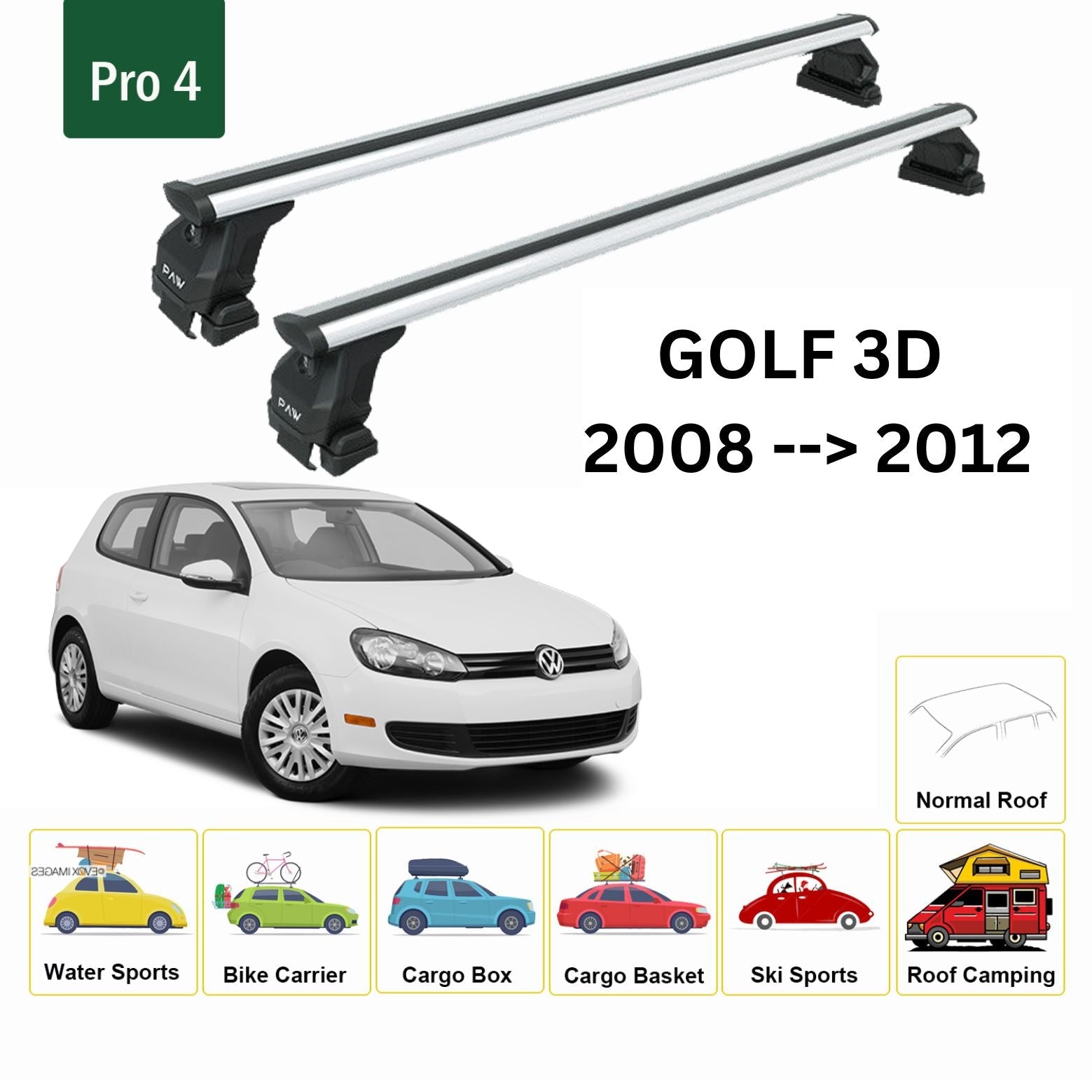 Volkswagen Golf 3D 2008-2012 Oluksuz Tavan Ara Atkısı Tavan Sistemleri Paw Pro 4 Gri