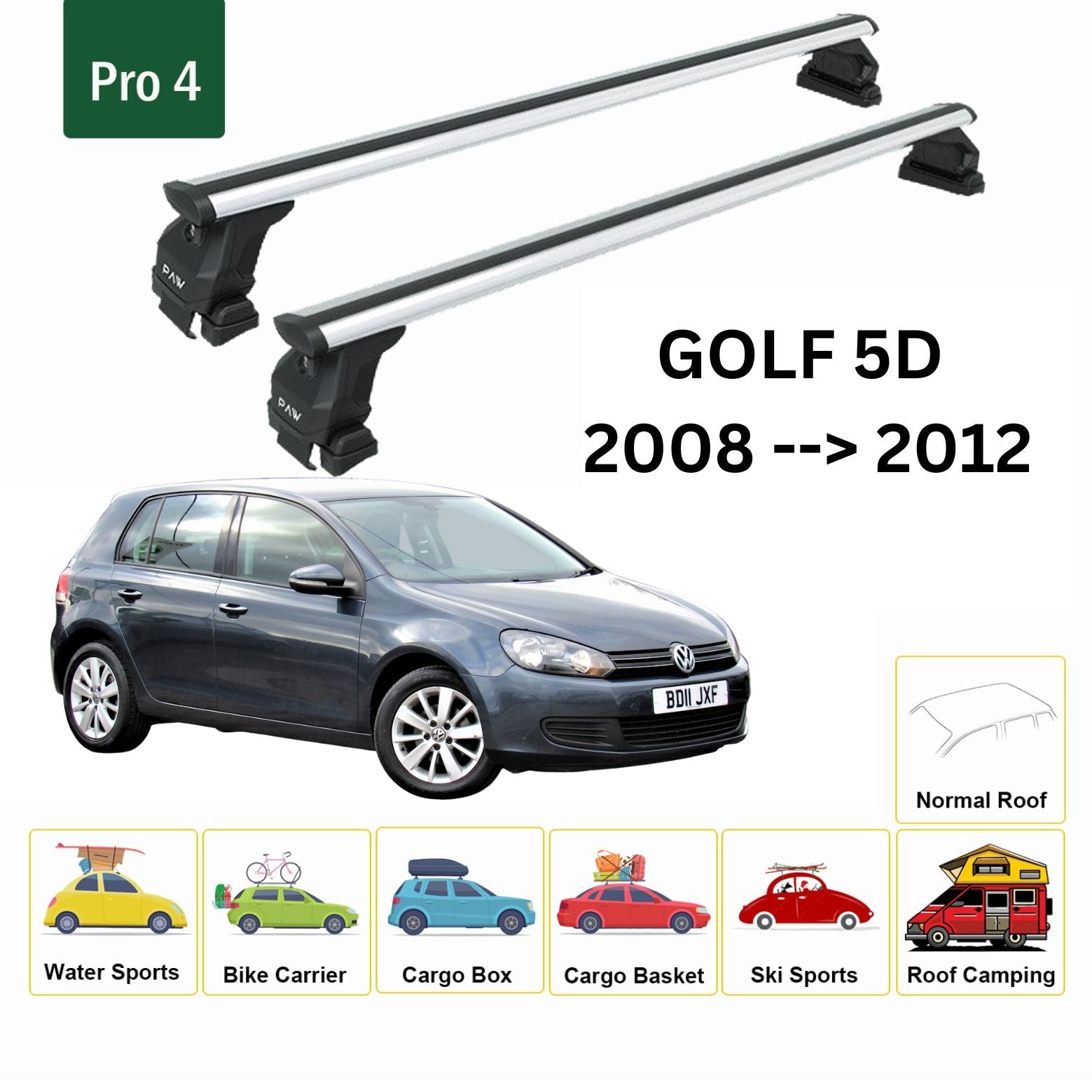 Volkswagen Golf 5D 2008-2012 Oluksuz Tavan Ara Atkısı Tavan Sistemleri Paw Pro 4 Gri