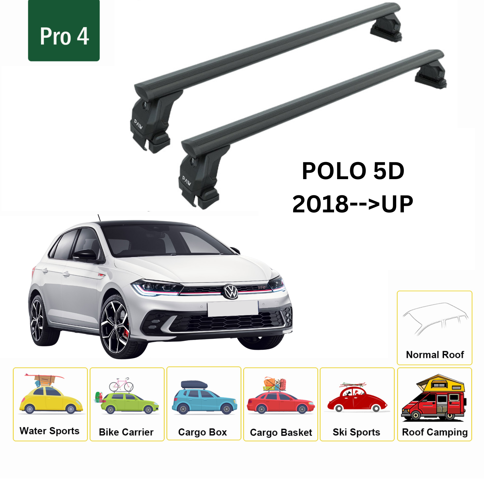 Volkswagen Polo 5D 2018- Up Oluksuz Tavan Ara Atkısı Tavan Sistemleri Paw Pro 4 Siyah-2