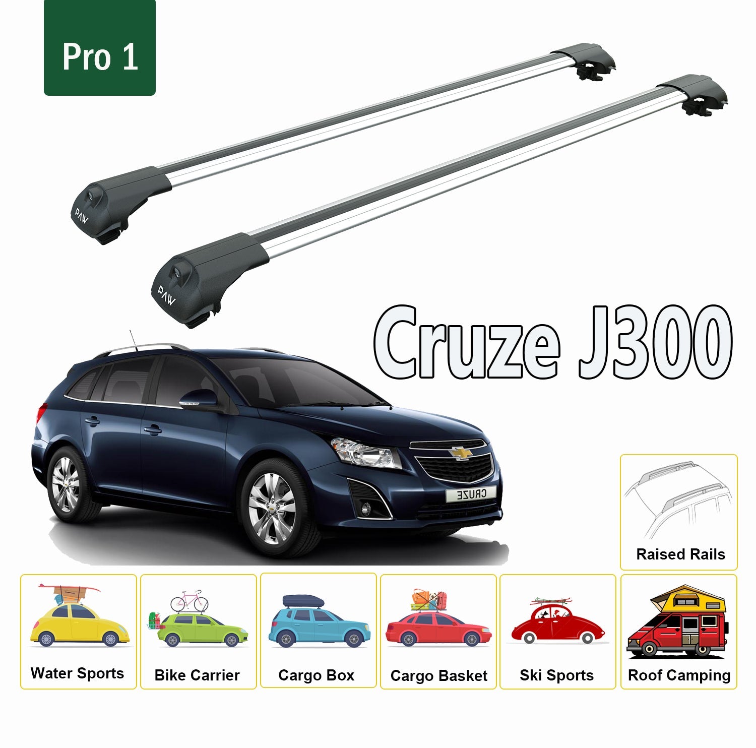 For Chevrolet Cruze J300 Wagon 2008-2016 Roof Rack System, Aluminium Cross Bar, Metal Bracket, Raised Rail, Black