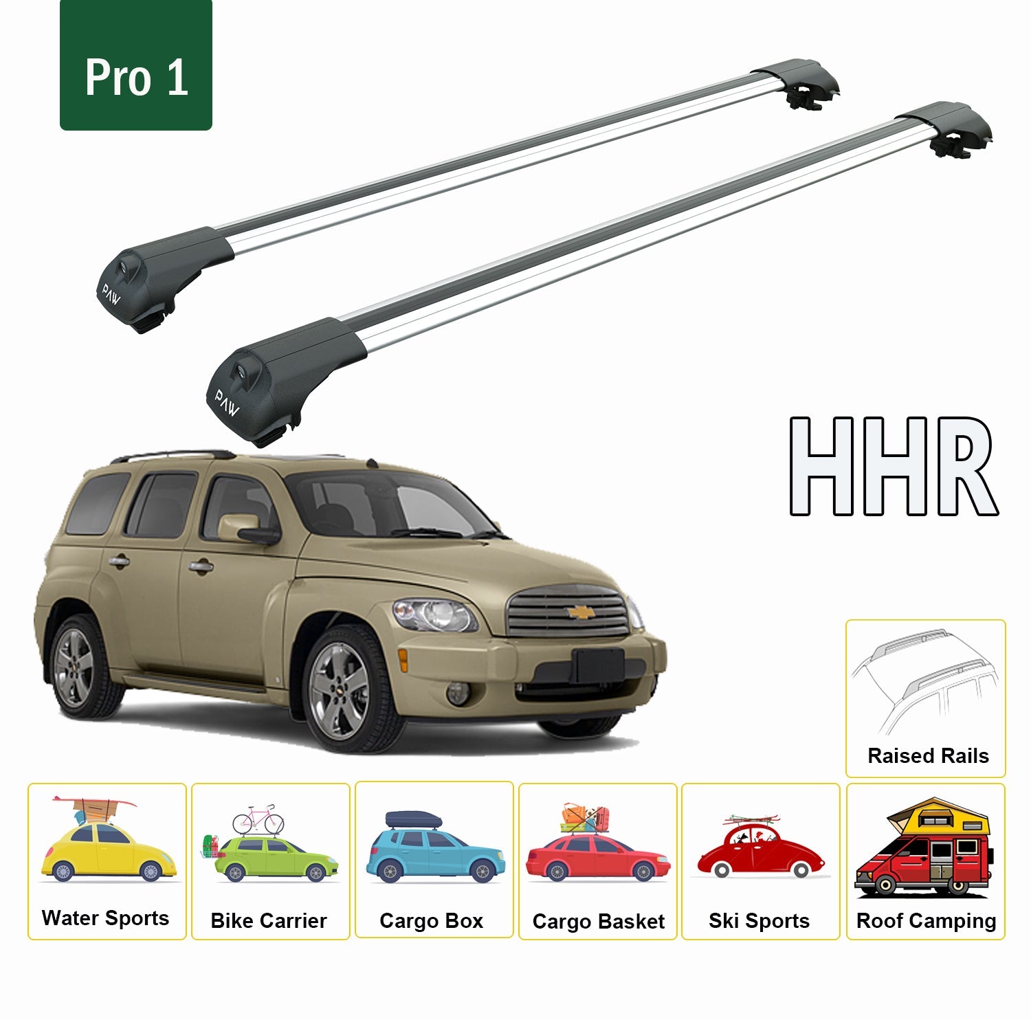 For Chevrolet HHR 2006-2011 Roof Rack System, Aluminium Cross Bar, Metal Bracket, Raised Rail, Black