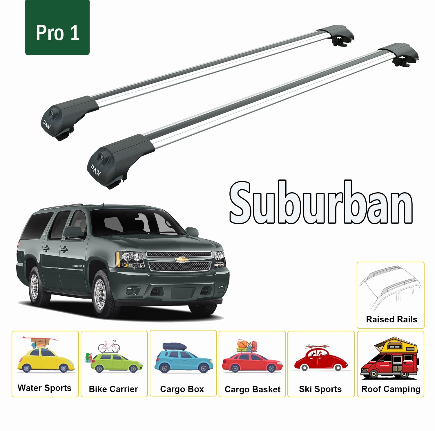 For Chevrolet Suburban 2000-2020 Roof Rack System, Aluminium Cross Bar, Metal Bracket, Raised Rail, Silver