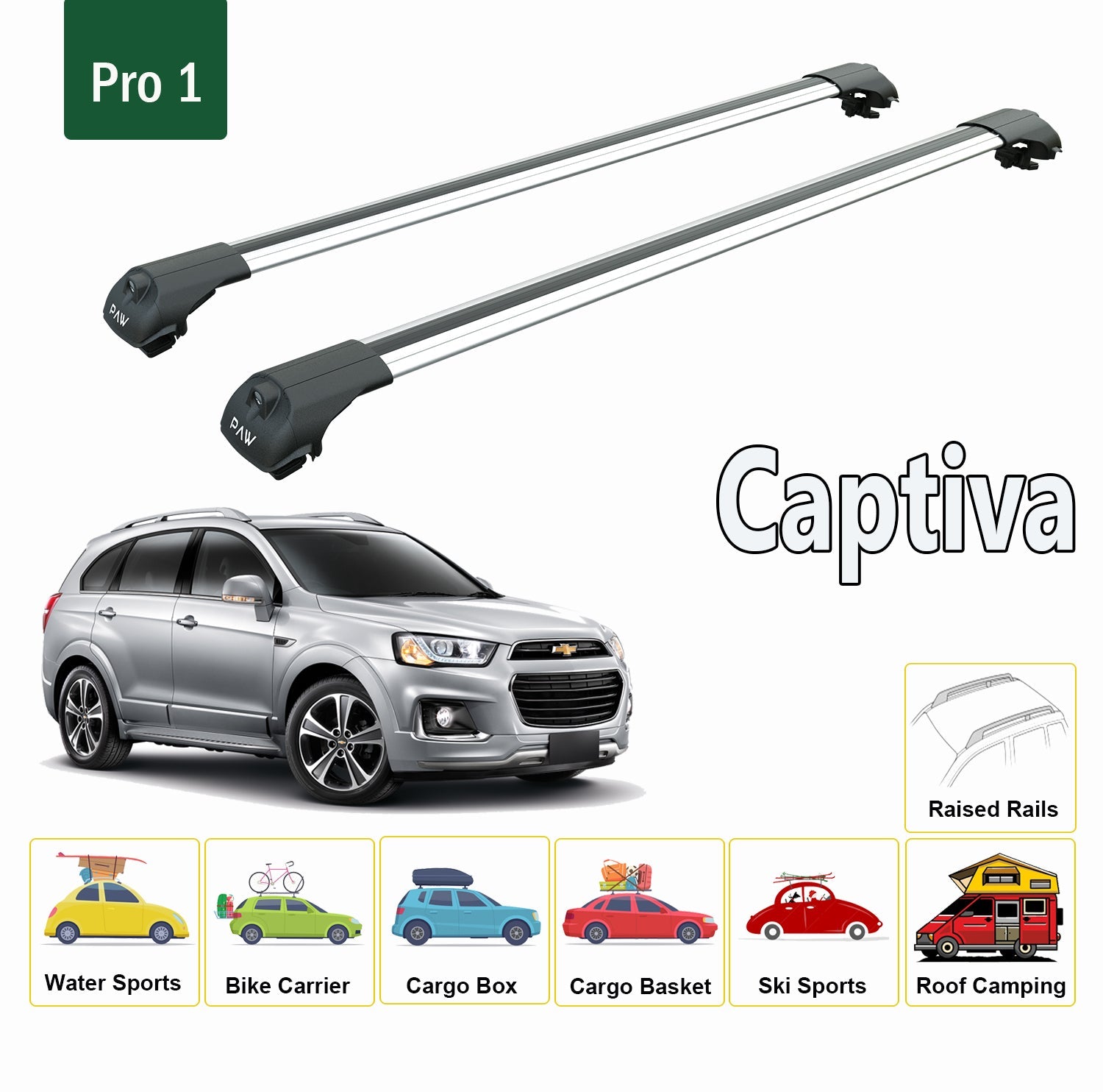 For Chevrolet Captiva 2006-Up Roof Rack System, Aluminium Cross Bar, Metal Bracket, Raised Rail, Silver