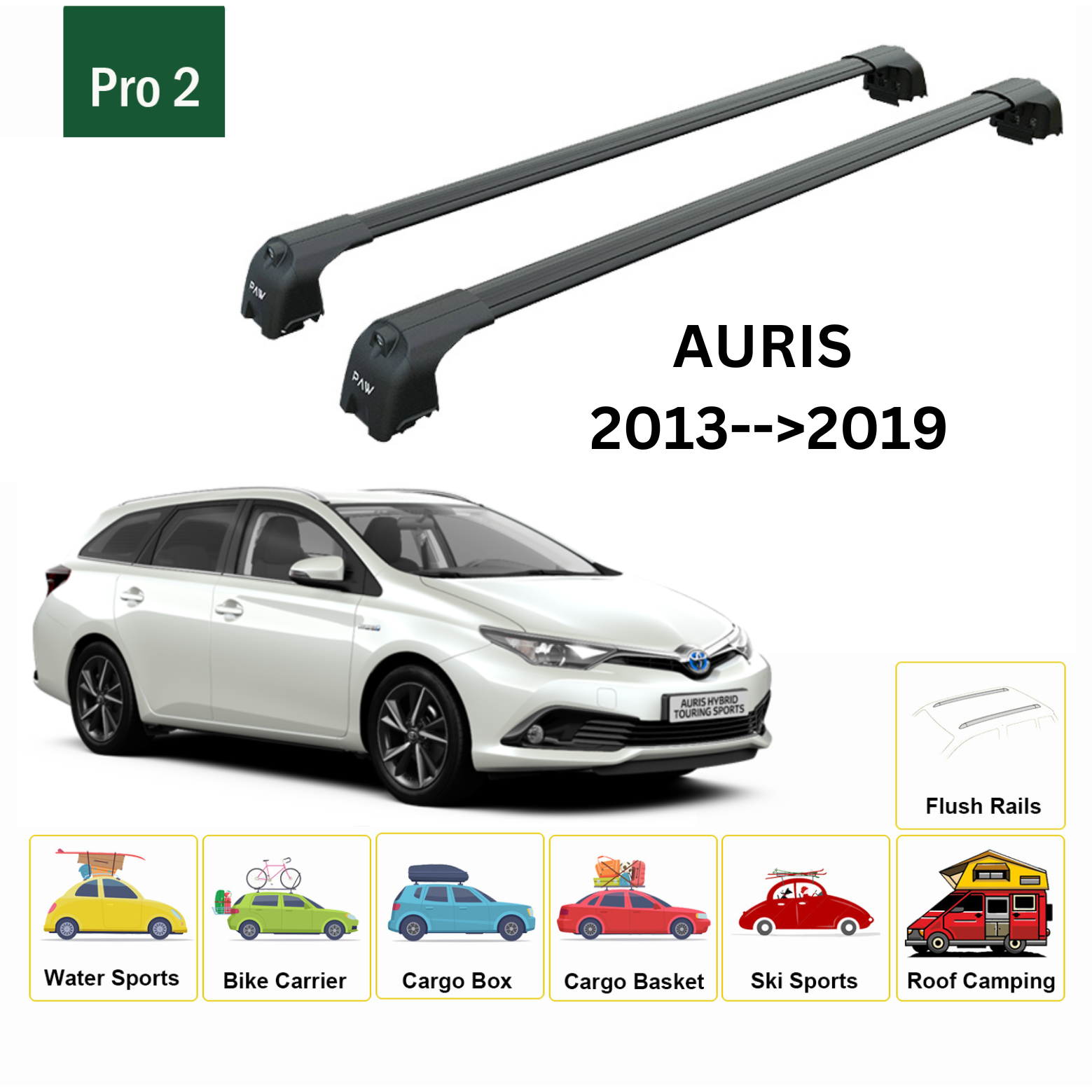 Toyota Auris 2013-->2019 Ara Atkısı Tavan Taşıma Sistemleri Paw Pro 2, Siyah-2