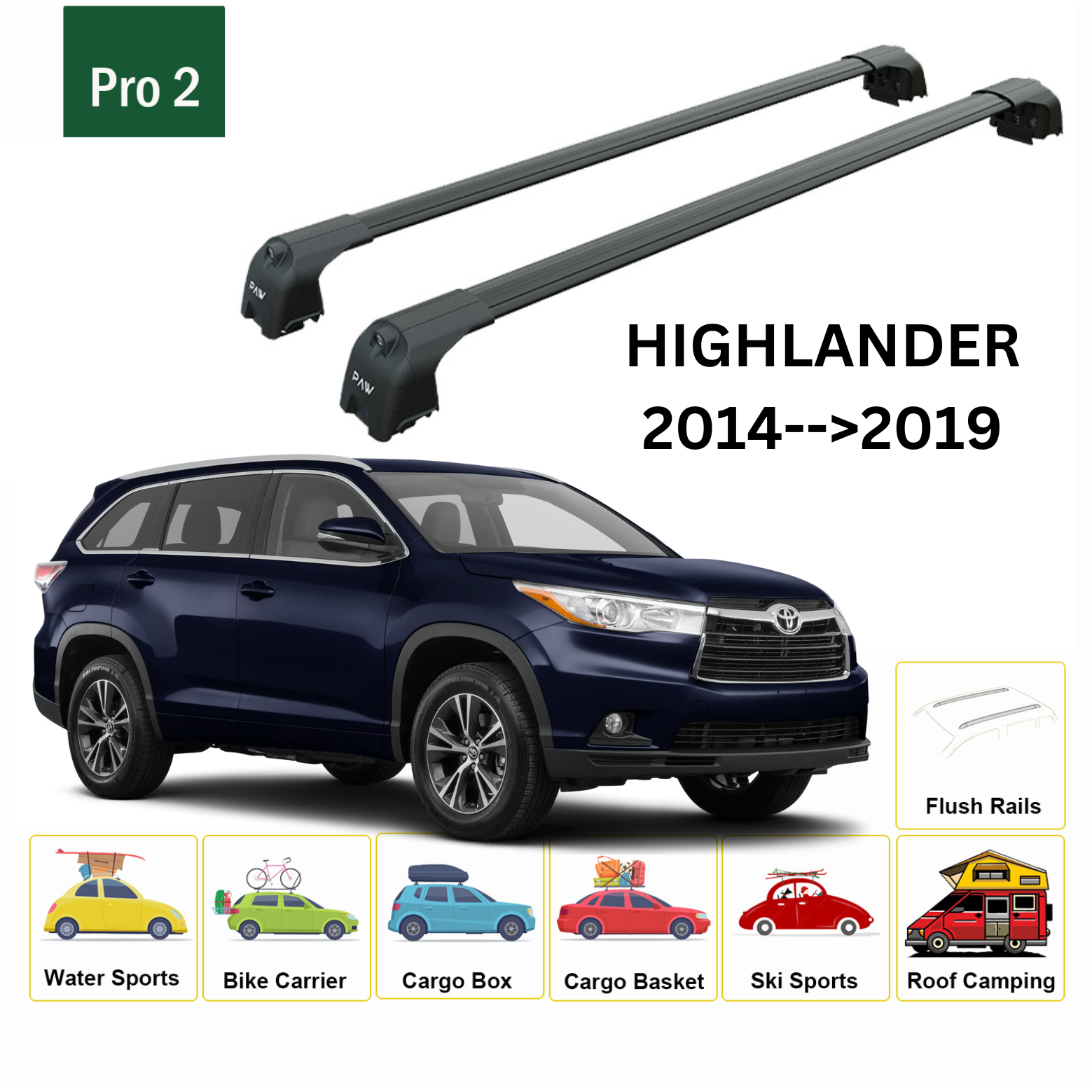 Toyota Highlander 2014-->2019 Ara Atkısı Tavan Taşıma Sistemleri Paw Pro 2 Siyah - 0