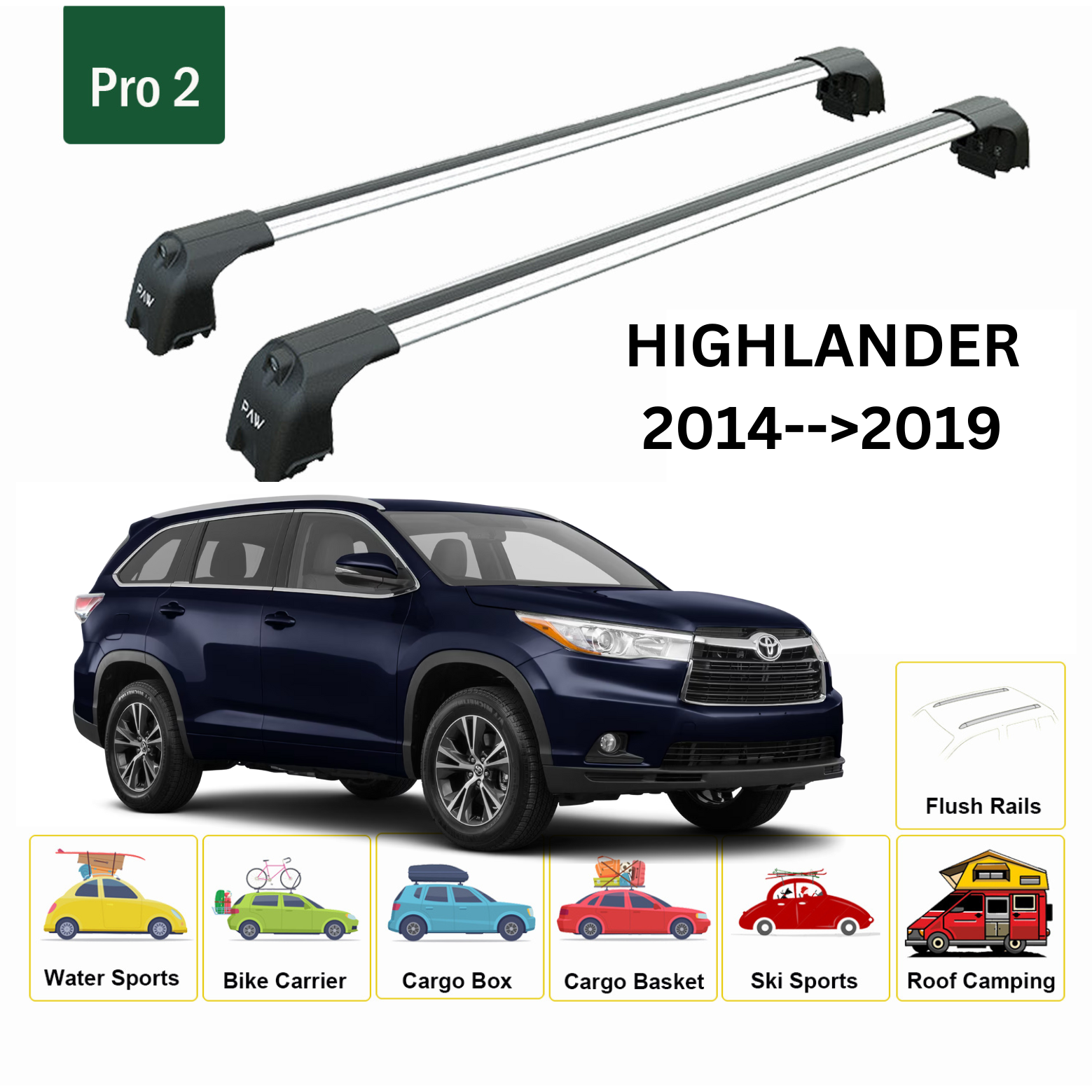 Toyota Highlander 2014-->2019 Ara Atkısı Tavan Taşıma Sistemleri Paw Pro 2, Gri - 0