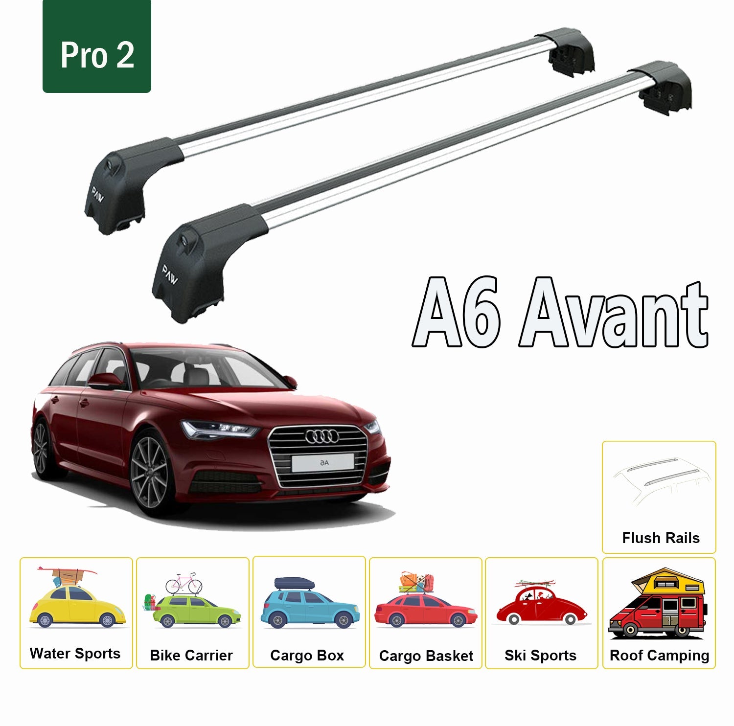 Audi A6 C7 Avant 2011-2018 Roof Rack System, Aluminium Cross Bar, Metal Bracket, Flush Rails, Siyah