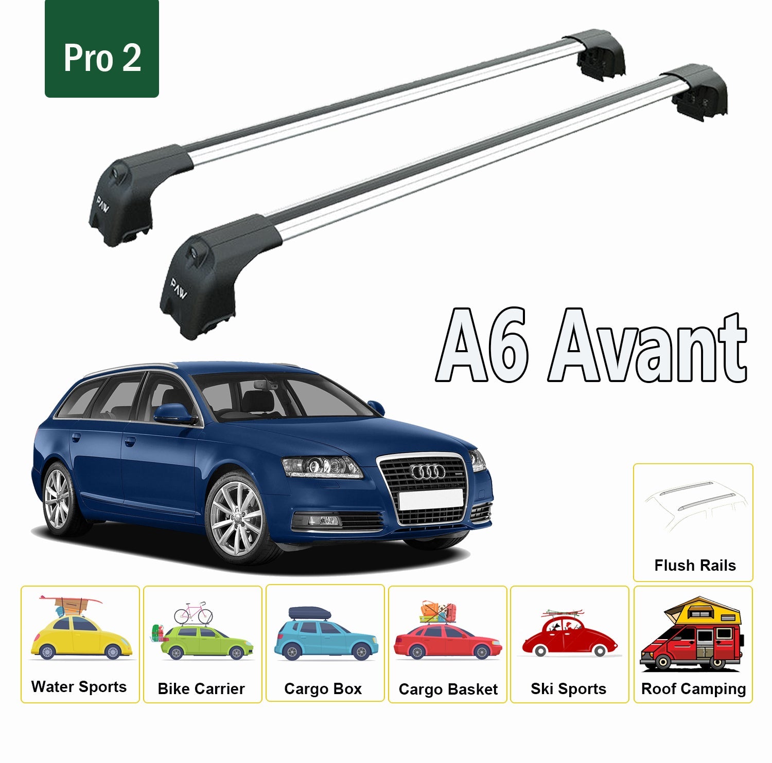 For Audi A6 C6 Avant 2005-2010 Roof Rack System, Aluminium Cross Bar, Metal Bracket, Flush Rails, Silver