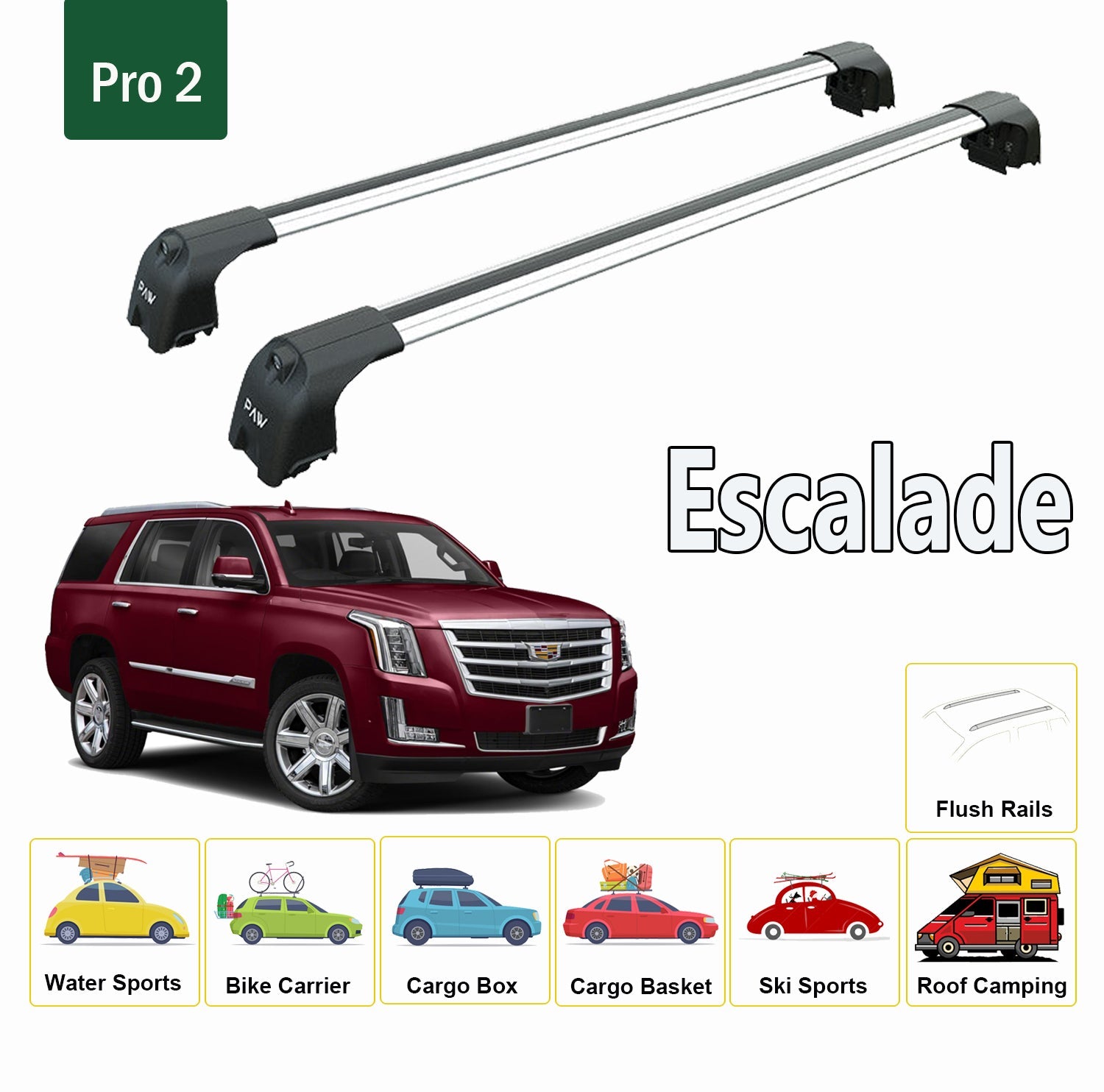 For Cadillac Escalade 2015-Up Roof Rack System, Aluminium Cross Bar, Metal Bracket, Flush Rails, Black