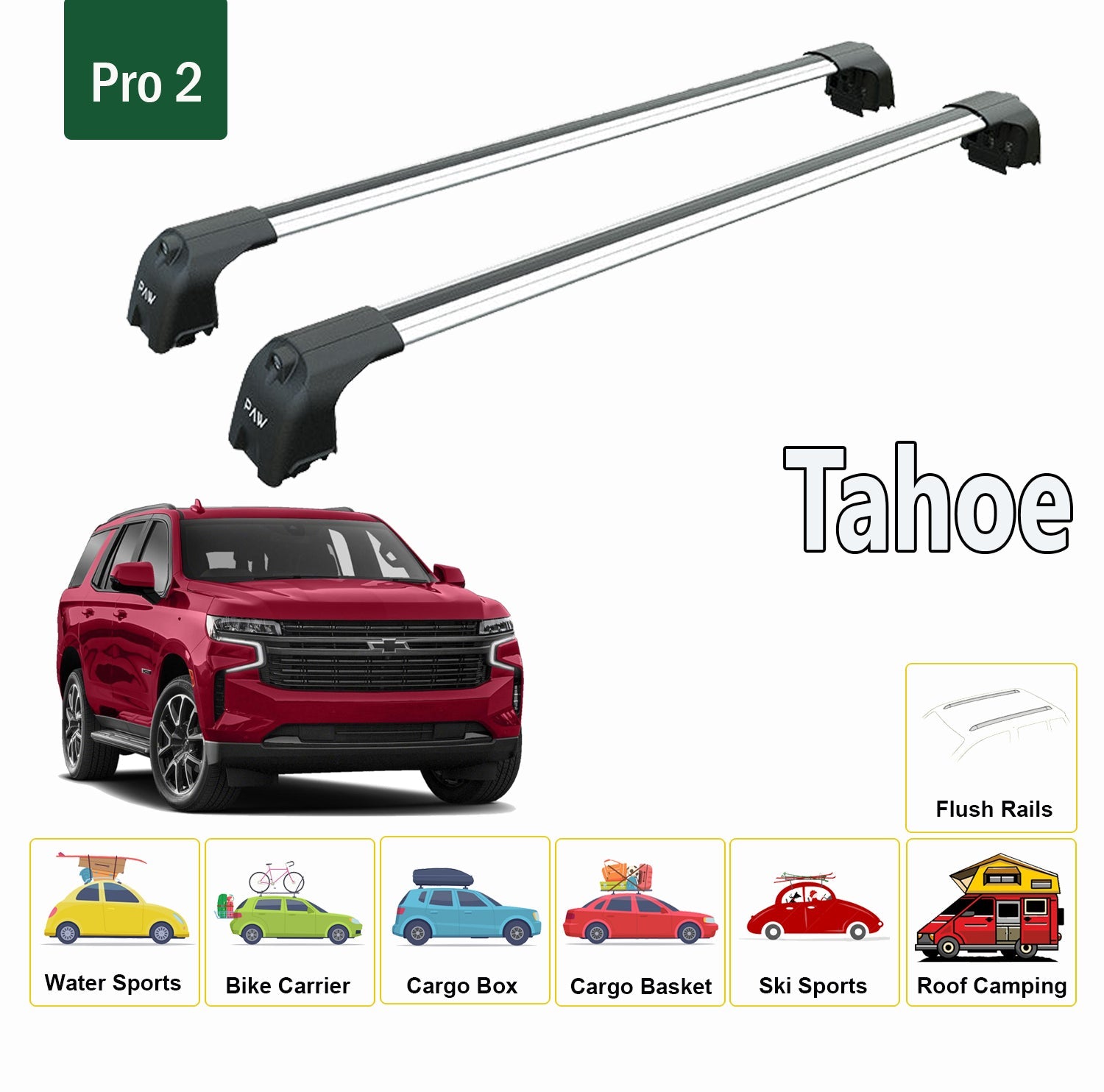 For Chevrolet Tahoe 2021-Up Roof Rack System, Aluminium Cross Bar, Metal Bracket, Flush Rail, Silver
