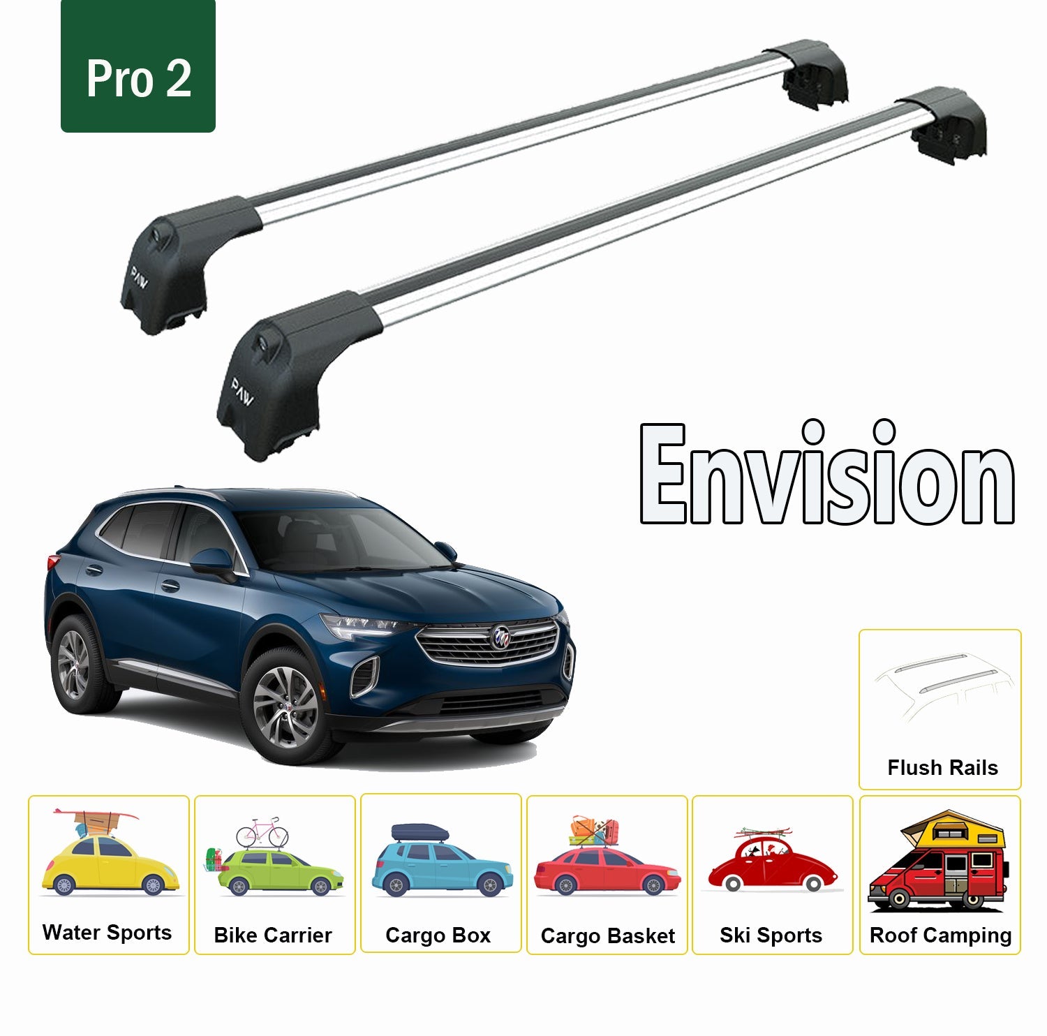 For Buick Envision 2016-Up Roof Rack System, Aluminium Cross Bar, Metal Bracket, Flush Rails, Silver
