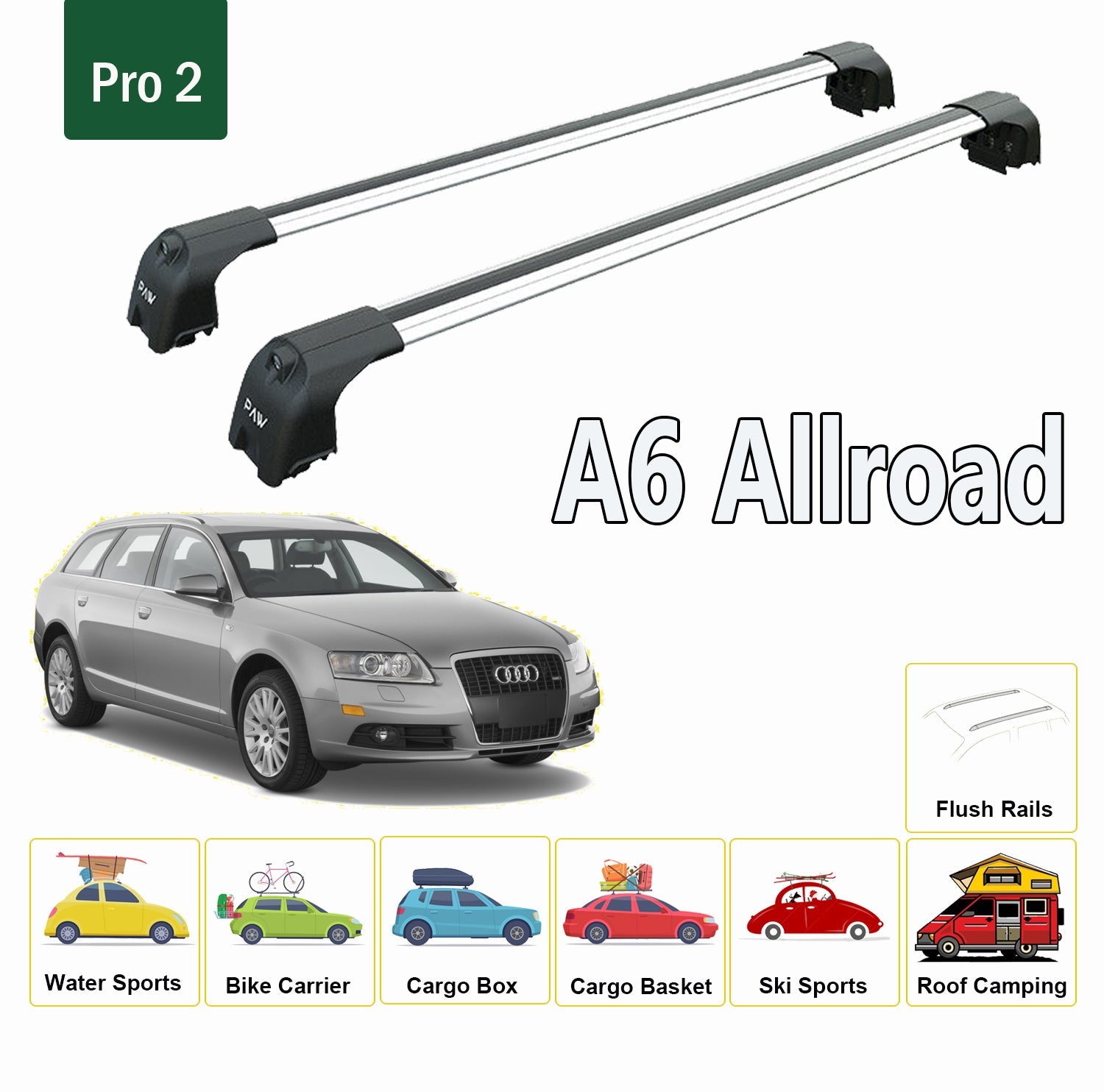 Audi Allroad 2007-2018 Roof Rack System, Aluminium Cross Bar, Metal Bracket, Flush Rail, Gri