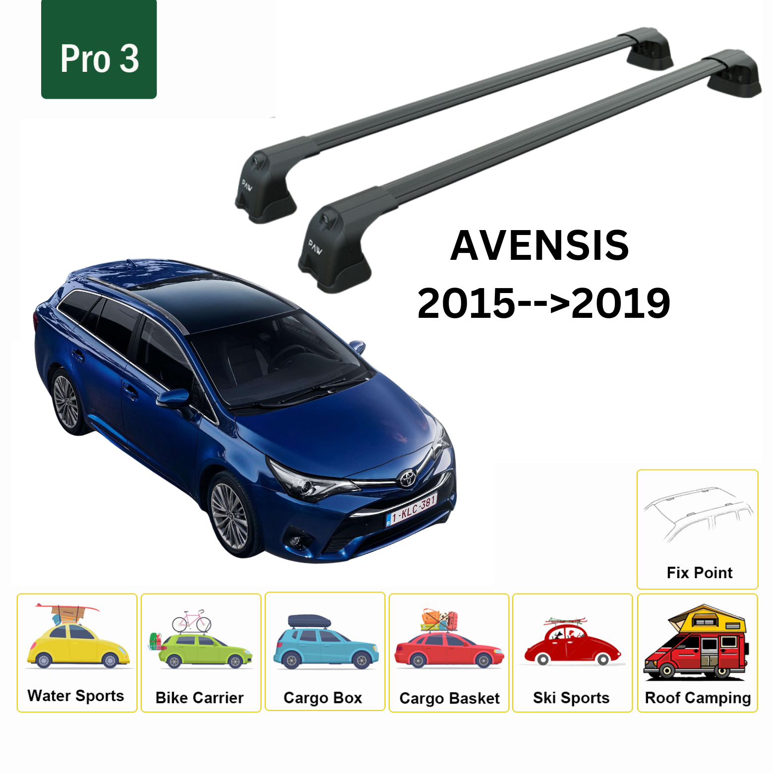 Toyota Avensis 2015-->2019 Roof Rack System, Aluminium Cross Bar, Metal Bracket, Fix Point, Siyah - 0