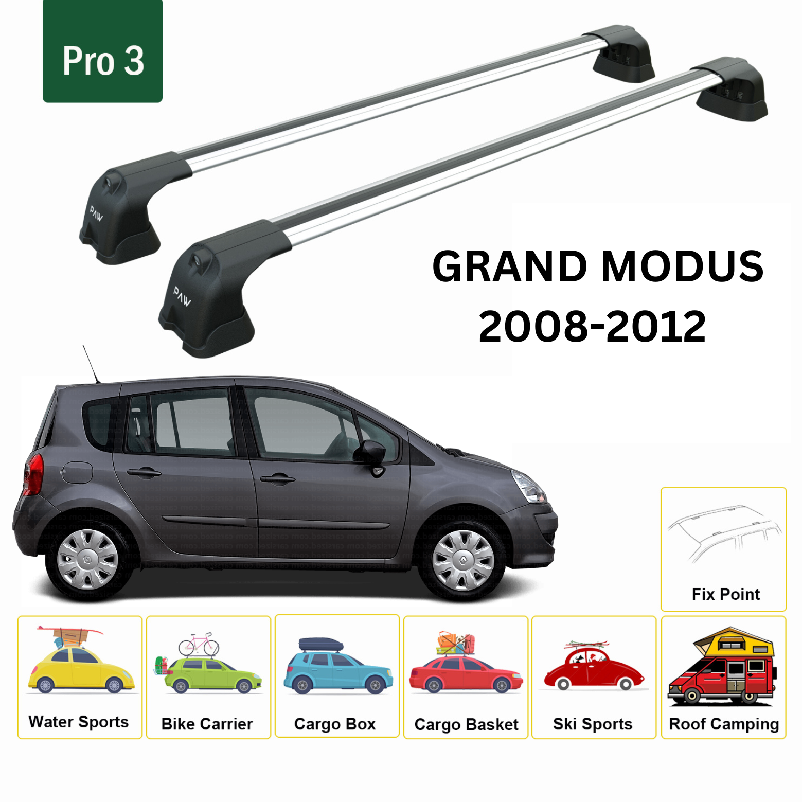 Renault Grand Modus 2008-2012 Ara Atkısı Tavan Taşıyıcı Taşıyıcı Sistemleri Paw Pro 3, Gri-2