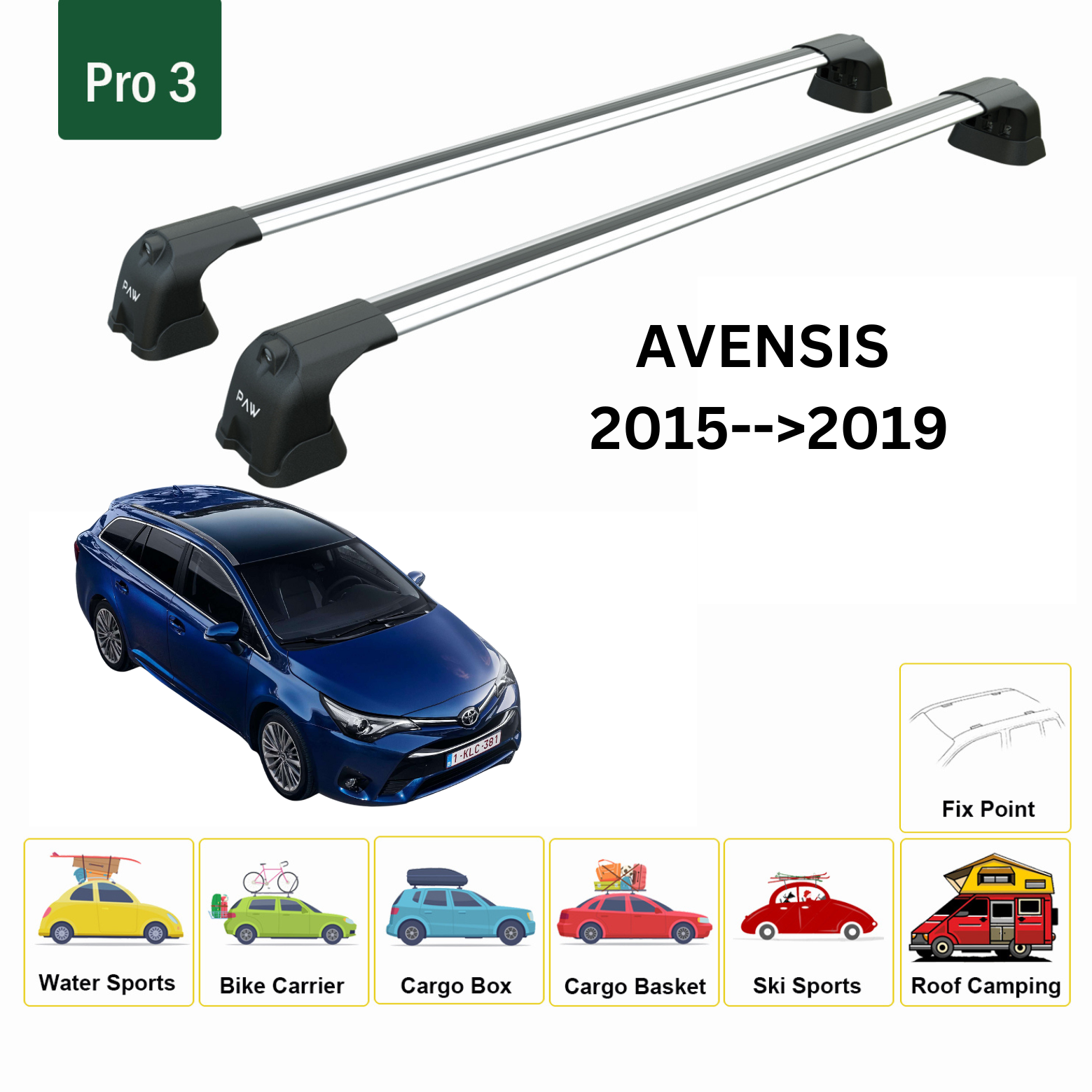 Toyota Avensis 2015-->2019 Roof Rack System, Aluminium Cross Bar, Metal Bracket, Fix Point, Gri - 0