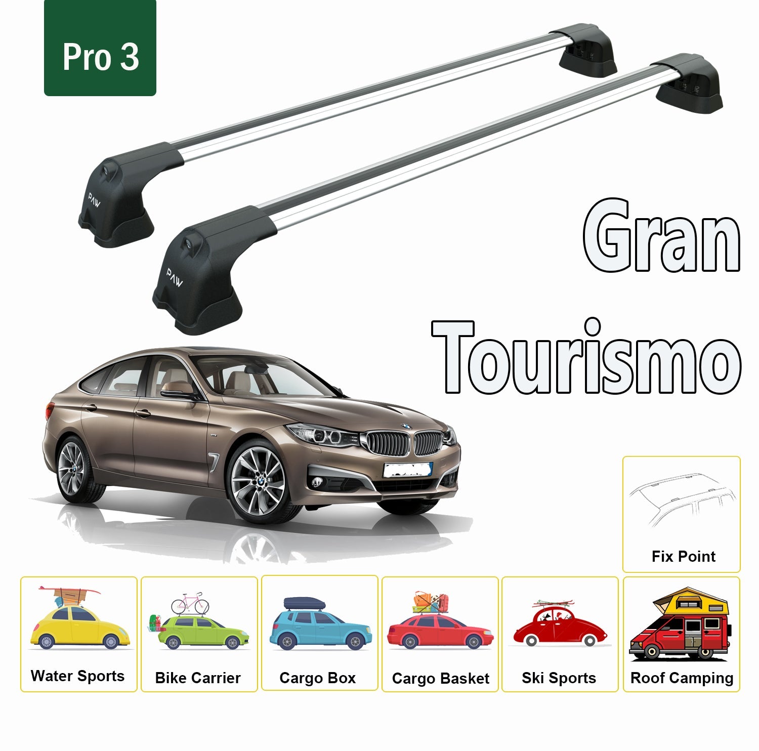 Bmw 3 Serisi Gran Tourismo 2013-2019 Ara Atkısı Tavan Taşıyıcı Paw Pro 3 Siyah