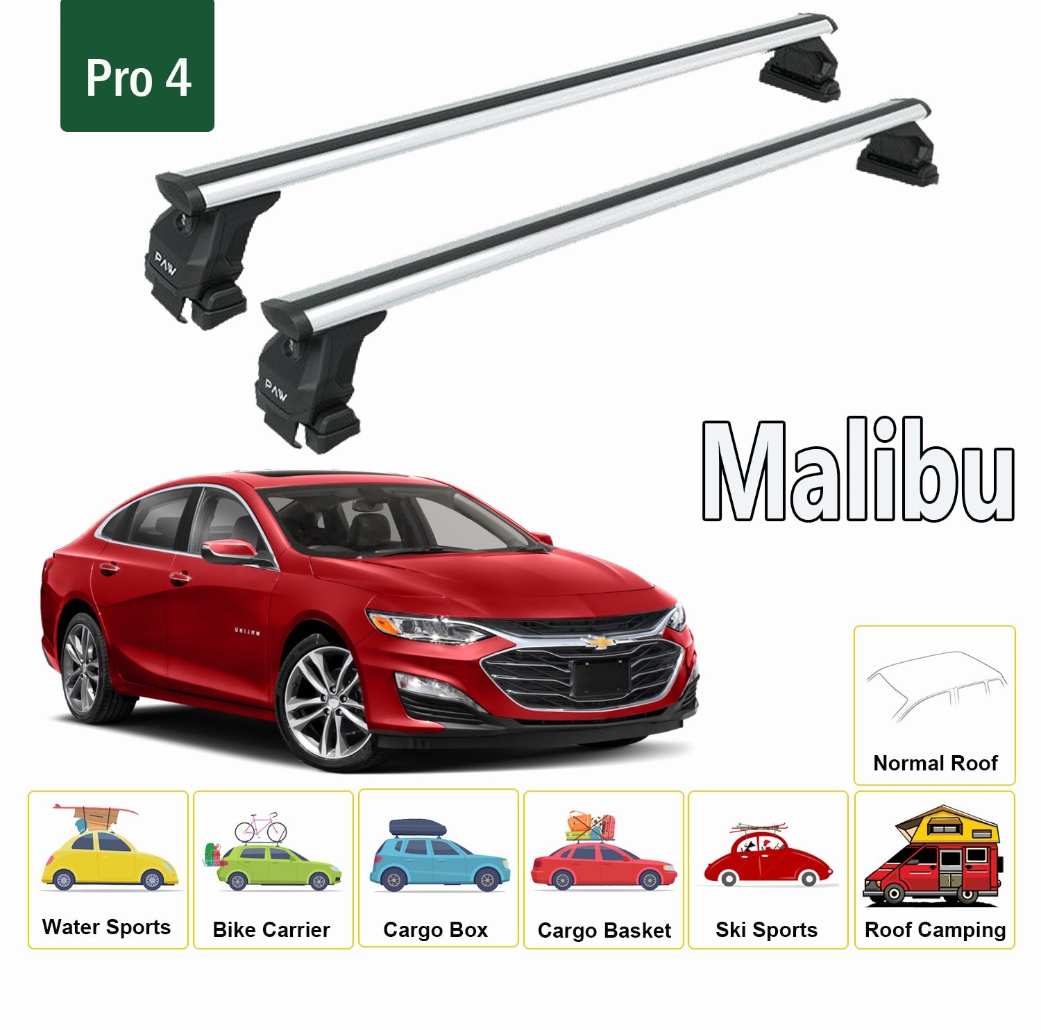 For Chevrolet Malibu 2004-Up Roof Rack System, Aluminium Cross Bar, Metal Bracket, Normal Roof, Black