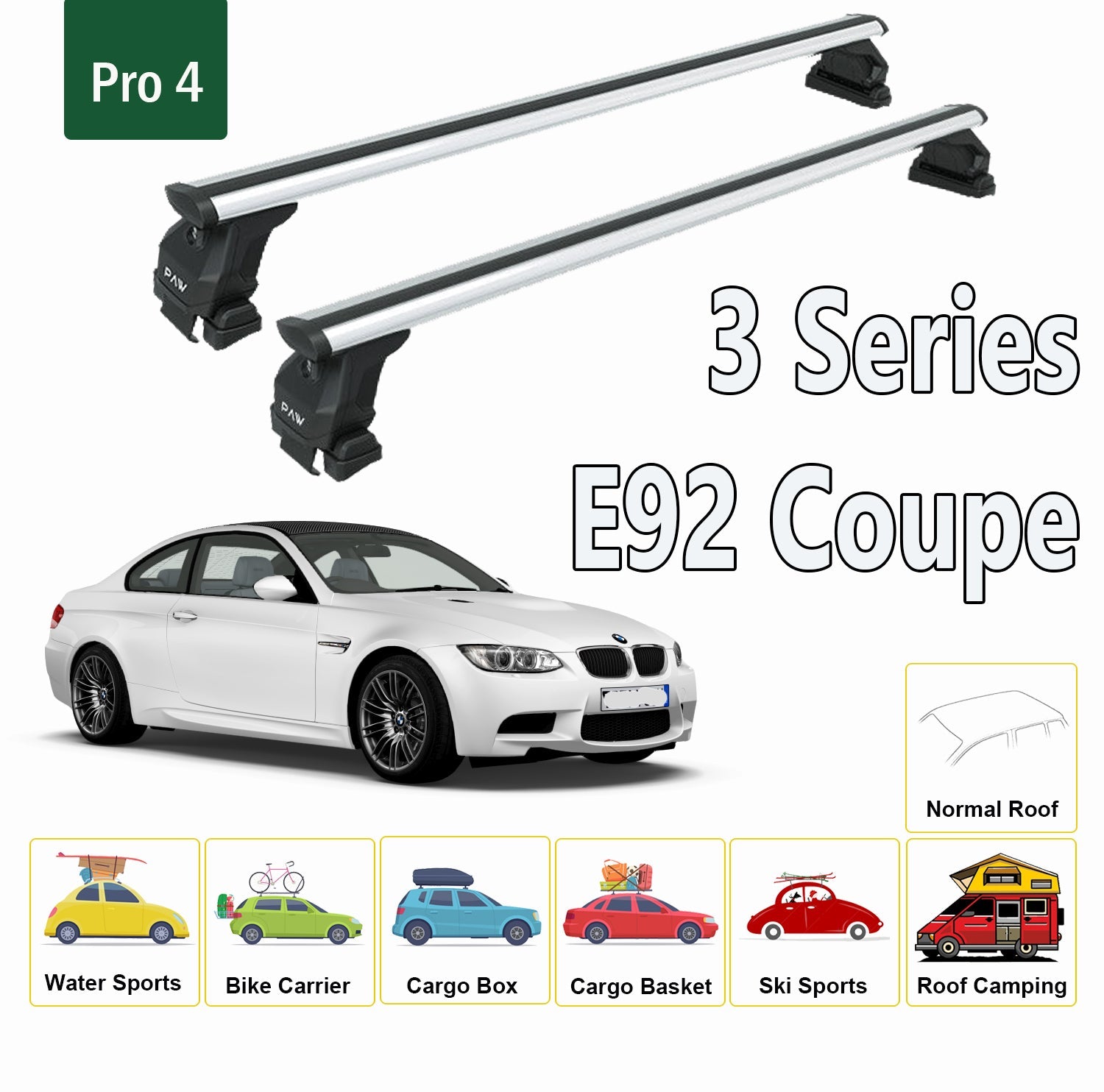 For BMW 3 Series E92 Coupe 2006-2013 Roof Rack System, Aluminium Cross Bar, Metal Bracket, Normal Roof, Silver-3
