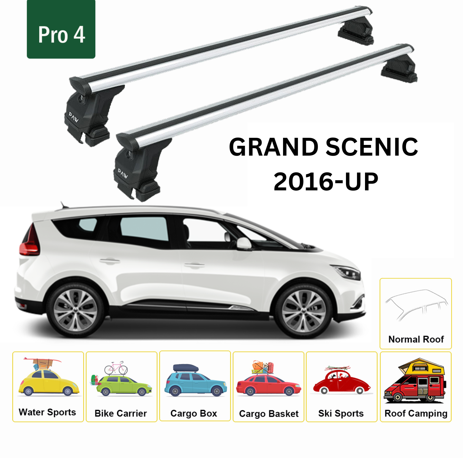 Renault Grand Scenic 2016- Sonrası Oluksuz Ara Atkısı Tavan Taşıyıcı Taşıyıcı Sistemleri Paw Pro 4 Gri - 0