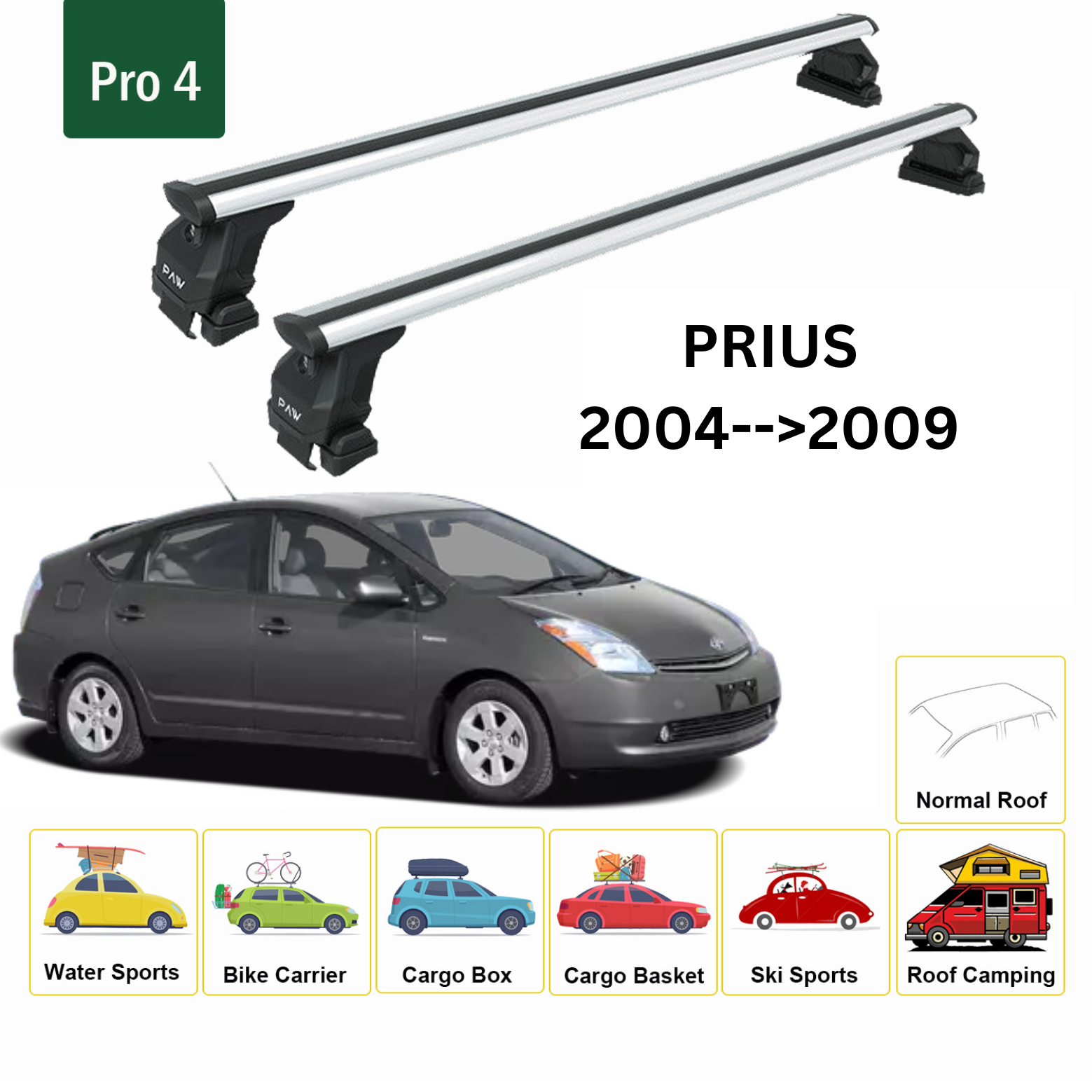 Toyota Prius 2004-2009 Oluksuz Ara Atkısı Tavan Taşıma Sistemleri Pro 4 Gri