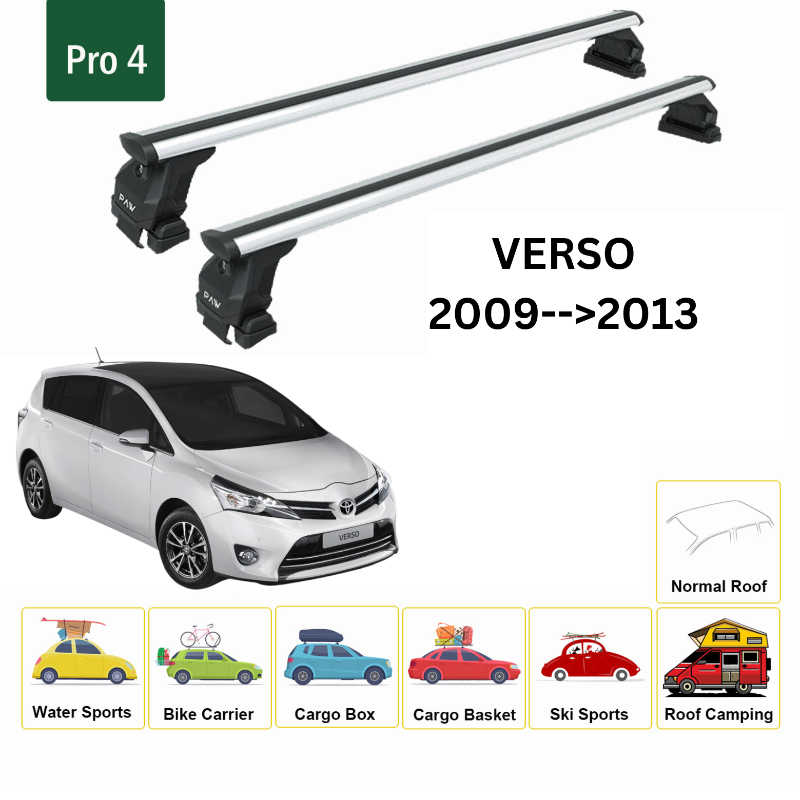Toyota Verso 2009-->2013 Oluksuz Ara Atkısı Tavan Taşıma Sistemleri Pro 4 Gri