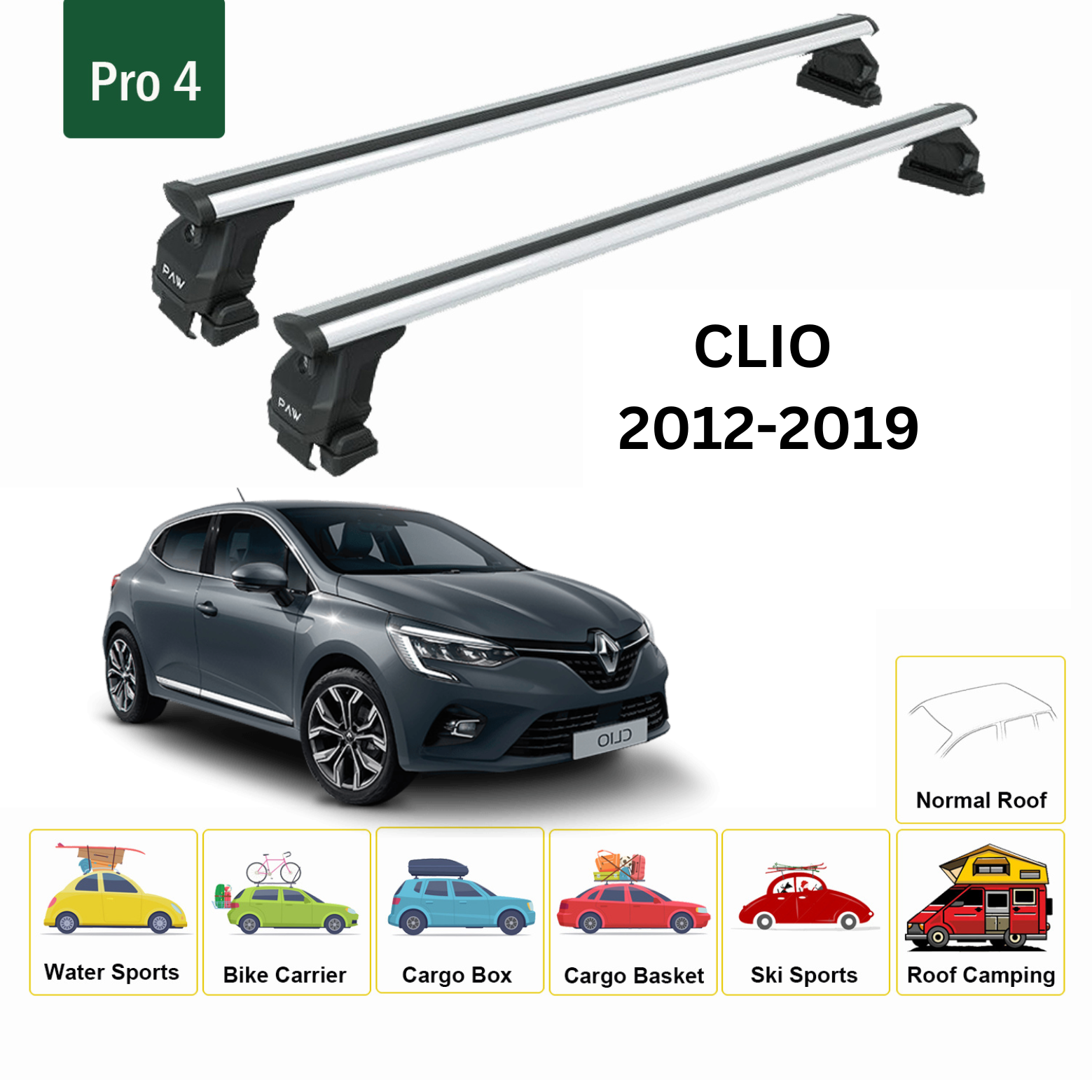 Renault Clio 2012-2019 Oluksuz Ara Atkısı Tavan Taşıyıcı Taşıyıcı Sistemleri Paw Pro 4 Gri-2