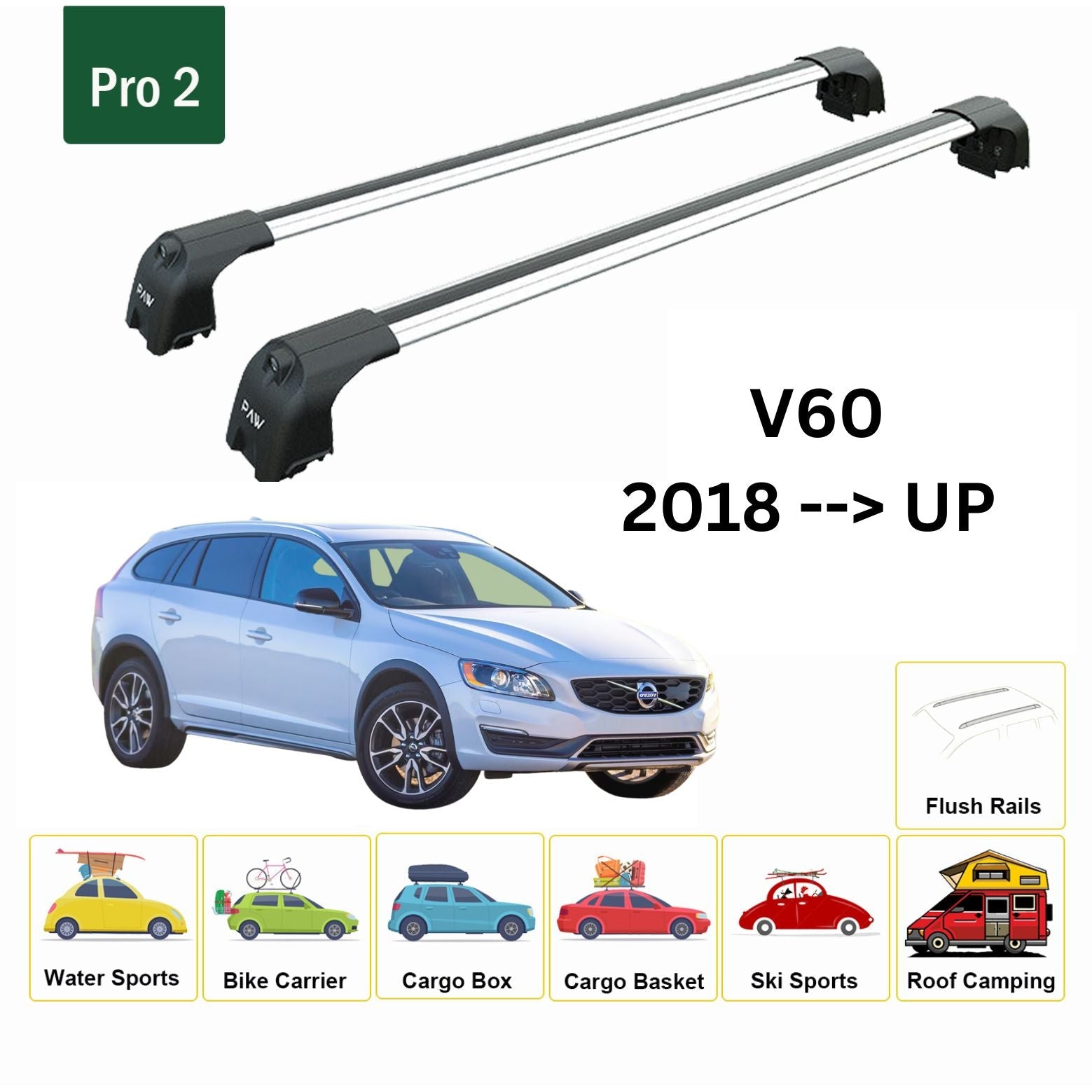 Volvo V60 Cross Country 2018- Sonrası Tavan Ara Atkısı Tavan Taşıyıcı Paw Pro 2 Gri-2