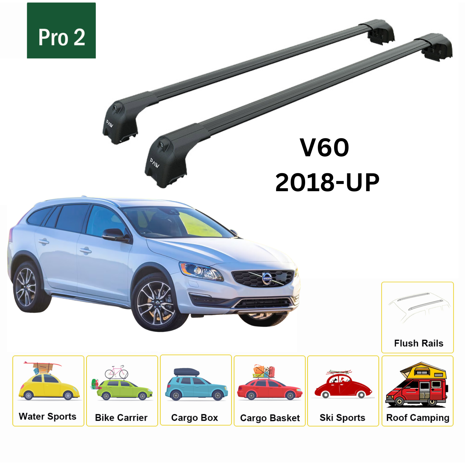 Volvo V60 Cross Country 2018- Sonrası Tavan Ara Atkısı Tavan Taşıyıcı Paw Pro 2 Siyah-2