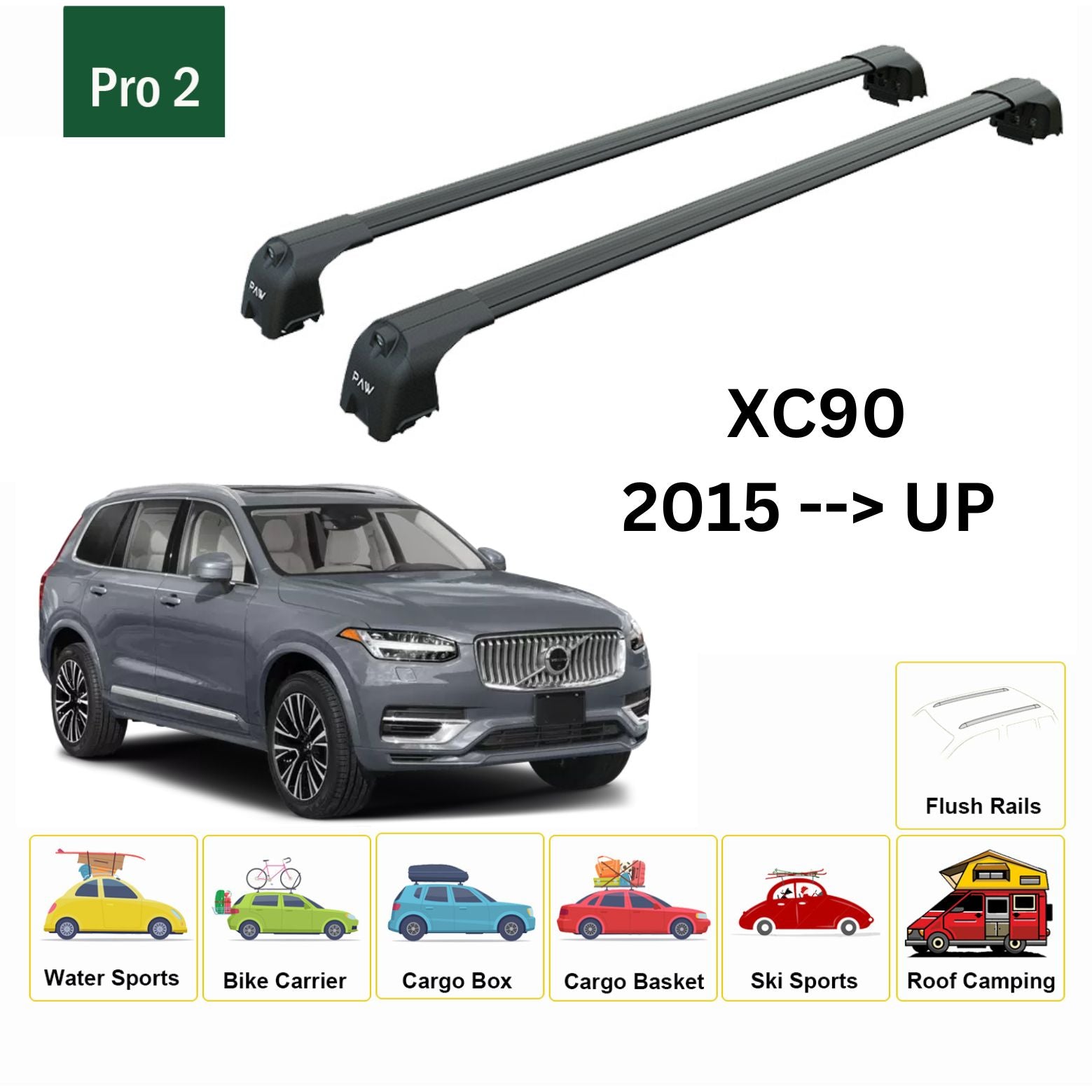 Volvo XC90 2015- Sonrası Tavan Ara Atkısı Tavan Taşıma Sistemleri Paw Pro Siyah