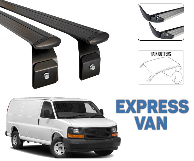 For Chevrolet Express Van 2000-2020 Roof Rack System, Aluminium Cross Bar, Metal Bracket, Lockable, Black