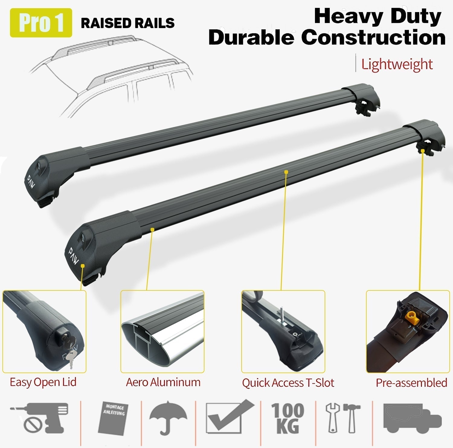 For RAM Promaster City Van 2015-Up Roof Rack System Carrier Cross Bars Aluminum Lockable High Quality of Metal Bracket Black